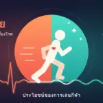 ภาพกราฟิกนักวิ่งที่มีหัวใจบนหน้าอกกำลังวิ่งผ่านวงกลมสองสี ฝั่งส้มคือคลื่นชีพจรแทนประโยชน์ต่อร่างกาย ฝั่งเขียวอมฟ้าคือคลื่นที่สงบแทนประโยชน์ต่อจิตใจ พร้อมข้อความ “ดีต่อกาย ดีต่อใจ” และ “ประโยชน์ของการเล่นกีฬา”